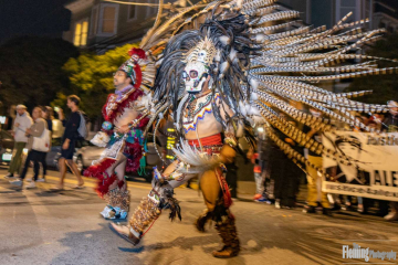 San Francisco, California, USA. 2nd November 2019. Aztec dancers perform at the 37th annual procession to honor and remember the dead in the Mission District of San Francisco. Credit: Tim Fleming/Alamy Live News