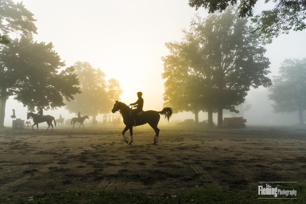 Riders exercise horses at dawn, backlit and fog, Saratoga Raceway, New York