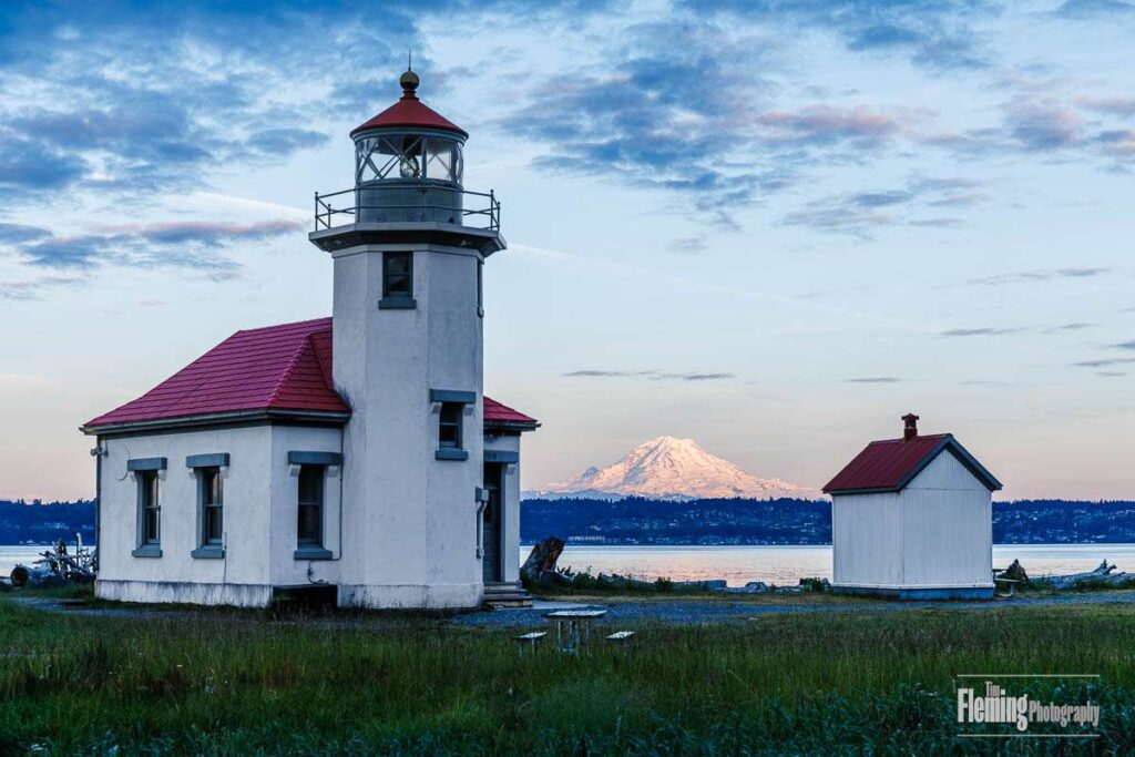 Mt Rainier, lighthouse, colorful evening clouds, dusk, Point Robinson, Washington