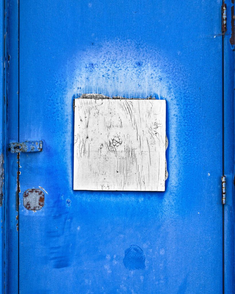 Blue door with weathered plywood panel