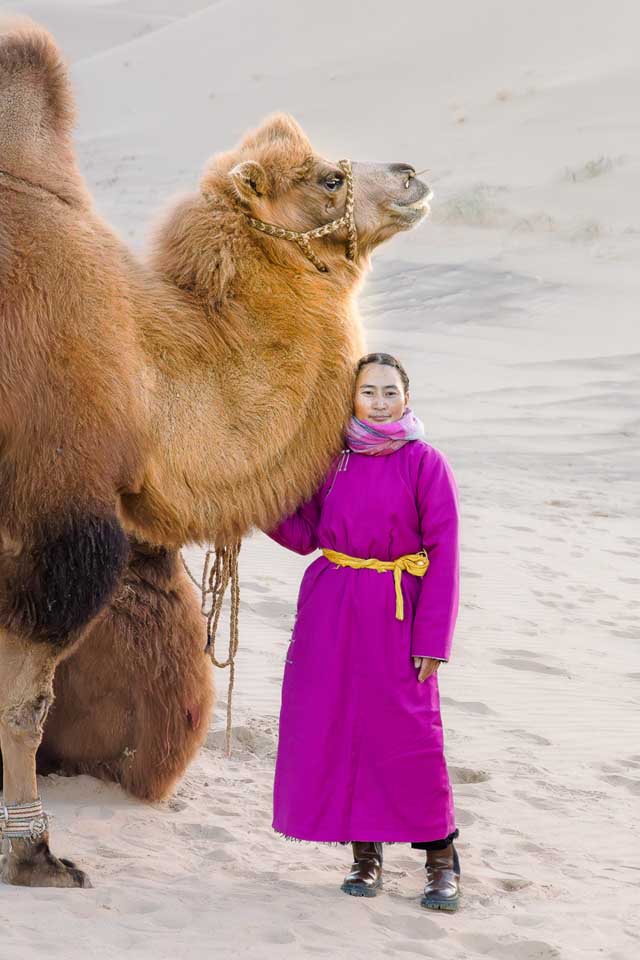 Woman wearing a bright purple traditional deel standing beside a Bactrian camel at the Khongor Sand Dunes in Mongolia